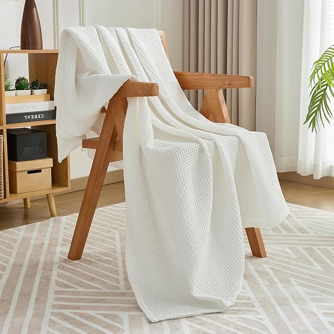 Chlophy Waffle Weave Throw Blanket Twin Cotton Bamboo Cooling Throw Cozy Lightweight Breathable Knit Decorative for Couch, Sofa, Bed, Living Room, White, 60"x80"