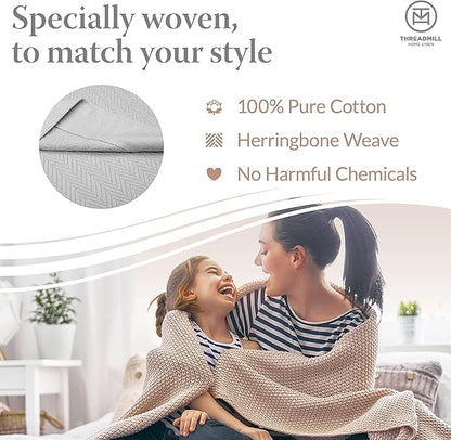 Threadmill Luxury Cotton Blankets for Twin Size Bed | All-Season 100% Cotton Twin Blanket for Bed | Herringbone Soft & Cozy Fall Thermal Blanket, 350GSM, 68x90 inches | Light Grey