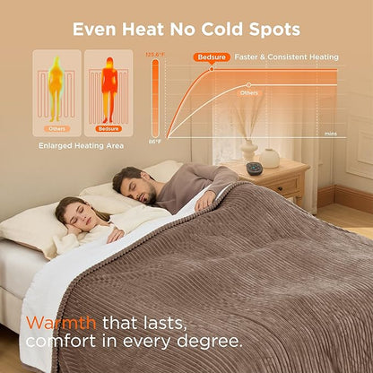 Bedsure GentleSoft Electric Blanket Queen Size - Soft Ribbed Flannel Heated Blanket with Dual Control, Heating with 10 Heat Settings & 10 Time Settings, 8 hrs Timer Auto Shut Off (84x90 inches, Brown)