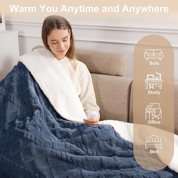 Electric Blanket Queen Size - 84"x90" Warming Blanket for Adults, Dual Control with 5 Heat Setting and 10 Hours Auto-off, Ultra Thick 450gsm Sherpa Fleece Heated Blankets, ETL Certified(Navy Blue)