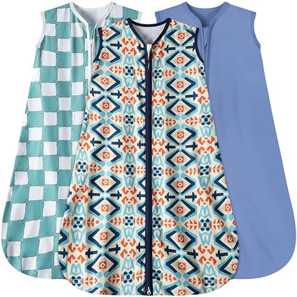 Baby Sleep Sack 6-12 Months 3 Pack Baby Wearable Blanket 100% Rayon Cotton 2-Way Zipper Toddler Sleeping Sack .Comfy Soft Lightweight TOG 0.3 (Bohemia&Checkered&Blue,)