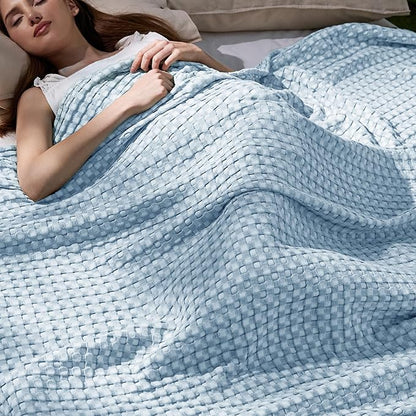 Bedsure Cooling Cotton Waffle King Size Blanket - Lightweight Breathable Blanket of Rayon Derived from Bamboo for Hot Sleepers, Luxury Throws for Bed, Couch and Sofa, Light Blue, 104x90 Inches