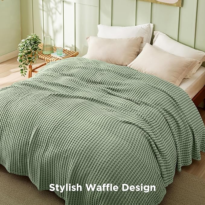 Bedsure Cooling Cotton Waffle Queen Size Blanket - Lightweight Summer Blanket of Rayon Derived from Bamboo for Hot Sleepers, Luxury Throws for Bed, Couch and Sofa, Sage Green, 90x90 Inches