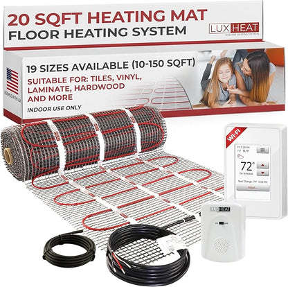 LuxHeat 20sqft Floor Heating Mat Kit - 120v Infloor Heating System - Electric Radiant Heated Flooring System for Tile & Laminate - Includes UWG4 WiFi Programmable Thermostat w/GFCI, Alarm & Sensor