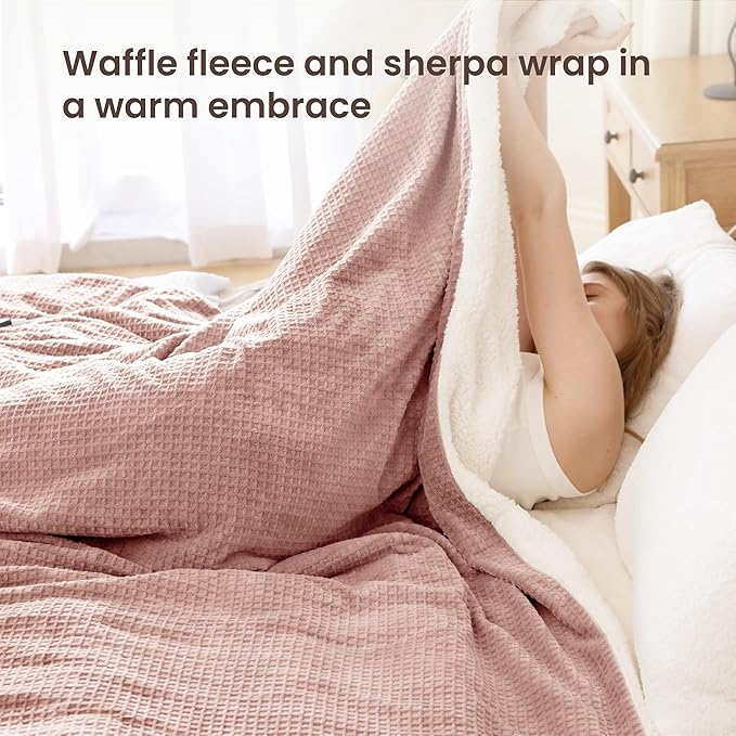 Heated Blanket Electric Blanket Queen Waffle, 84x90 Inches Dual Controllers Sherpa Fleece Fast Heating Blanket 6 Heating Levels & 10 Hours Auto Off ETL Certification, Pink Queen