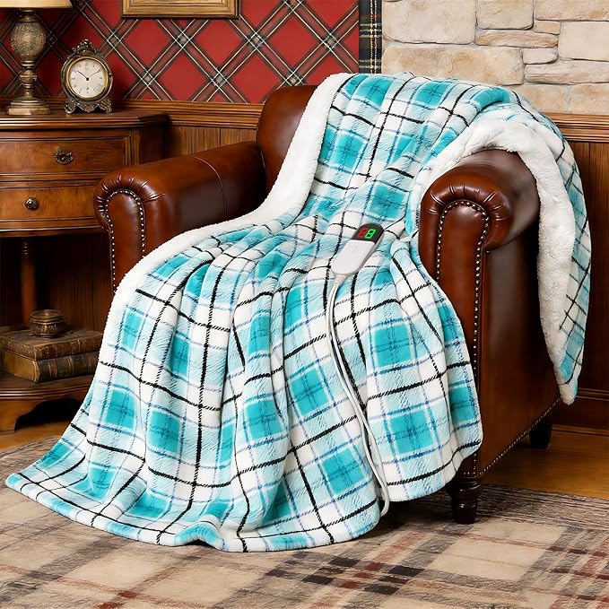 Electric Heated Blanket 50"x60",Fast Heated Throw with 8 Hours Auto Off/8 Heats Levels,Soft Blue Plaid Sherpa Electric Blanket with ETL Certification & Over-Heat Protection