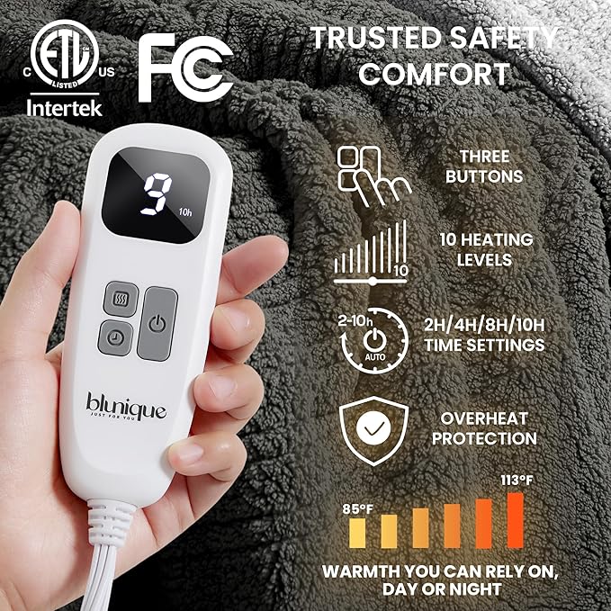 Heated Blanket Electric Blanket Throw - Fast Heating Blanket Throw Double Sided Sherpa Ultra Soft Cozy with 10 Heating Levels & 2-10 Hours Auto Off, Mashine Washable, 50 x 60 Inches, Grey
