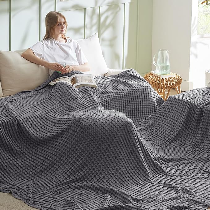 Bedsure Cooling Cotton Waffle Oversized King Blanket - Lightweight Breathable Blankets Rayon Derived from Bamboo for Hot Sleepers, Luxury Throws for Bed and Sofa Dark Grey, 120x96 Inches