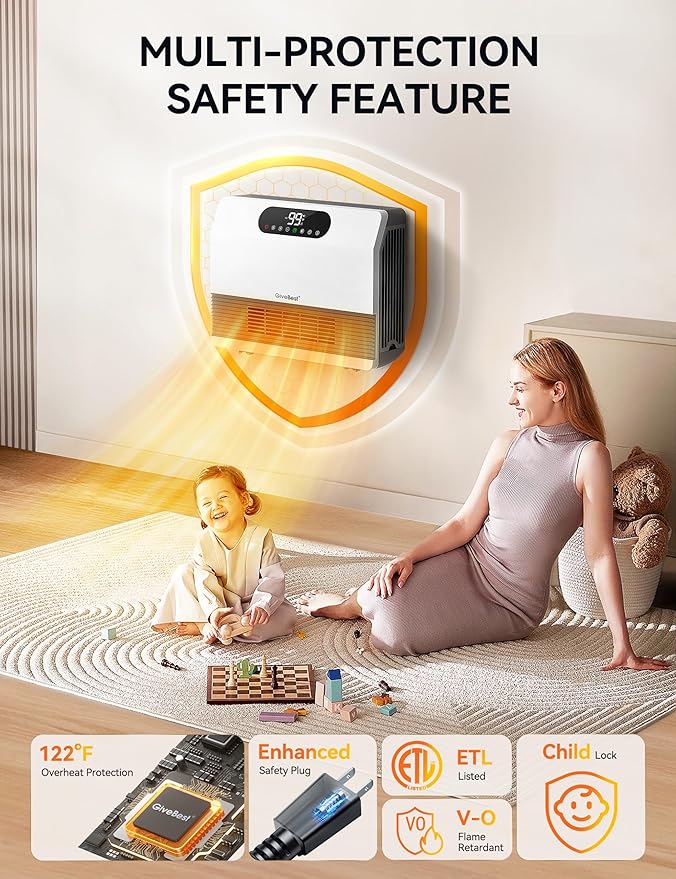 GiveBest Electric Wall Heater, Space Heaters for Indoor Use, 1500W Smart Heater with Adjustable Thermostat, Remote Control, Works with Alexa, 12H Timer Heat for Bedroom Office Home Garage RV, White