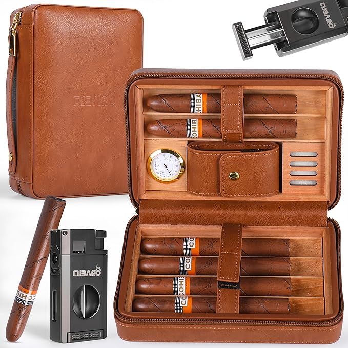 Cigar Humidor Case, Leather Cedar Wood Cigar Box with Built in Hygrometer and Humidifier, 3 in 1 Cigar Torch Lighter, V Cut and Punch Cutter, Portable Cigar Travel Humidor Kit for Men (Brown)