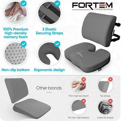 FORTEM Seat Cushion, Office Chair Cushion, Lumbar Support Pillow for Office Chair, Memory Foam Sciatica Coccyx Tailbone Pressure Pain Relief, Car Sitting Pad, Washable Non Slip