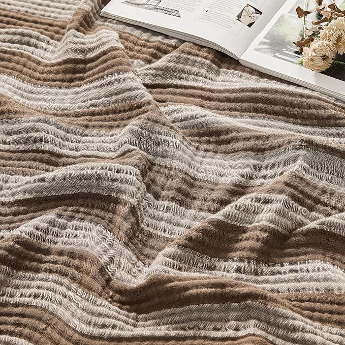 EMME Cotton Muslin Twin Blanket Breathable Gauze Soft Lightweight Adults Gifts for Women (Striped Brown, 60"x80")