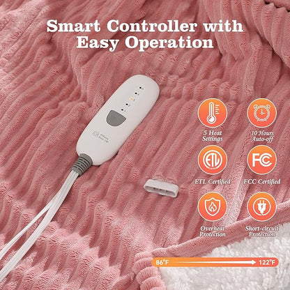Pink Heated Blanket Twin Size Electric Blanket - 62x84'' Electric Heating Blanket with ETL and FCC Certification, Washable Heated Blanket for Office, Flannel & Sherpa, House Warming Gifts New Home