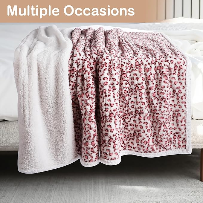 Electric Heated Blanket Full Size 72"×84" with 9 Heating Levels & 1-10Hs Auto Off, Plush Sherpa, Energy Efficient, Machine Washable, for Couch & Bed, Leopard Print Pink & White