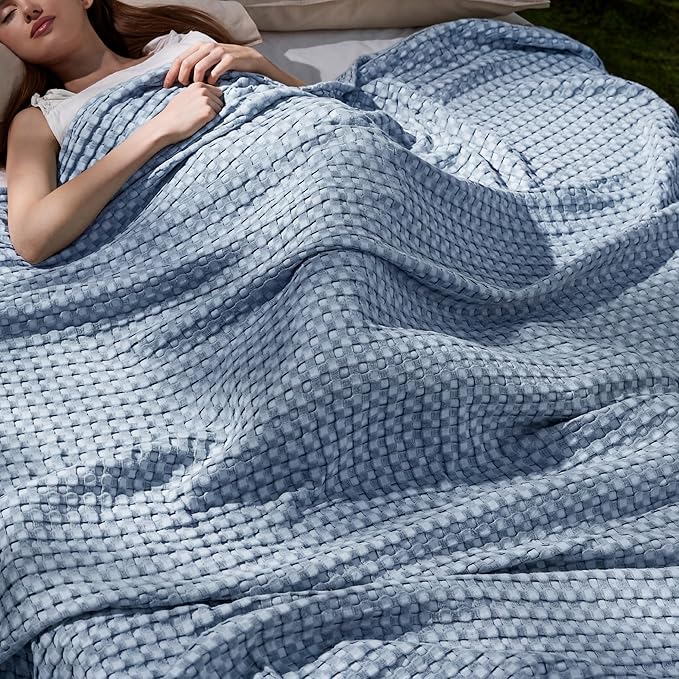 Bedsure Cooling Cotton Waffle King Size Blanket - Lightweight Breathable Summer Blanket of Rayon Derived from Bamboo for Hot Sleepers, Luxury Throws for Bed, Couch and Sofa, Fog Blue, 104x90 Inches