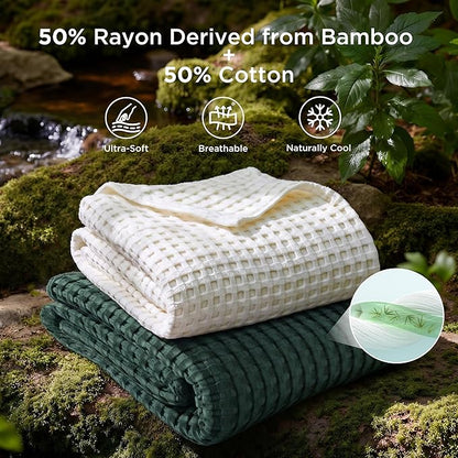 Bedsure Cooling Cotton Waffle Twin XL Blanket - Lightweight Breathable Blanket of Rayon Derived from Bamboo for Hot Sleepers, Luxury Throws for Bed, Couch and Sofa, Dark Green, 66x90 Inches