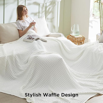 Bedsure Cooling Cotton Waffle Oversized King Blanket - Lightweight Breathable Blankets Rayon Derived from Bamboo for Hot Sleepers, Luxury Throws for Bed and Sofa, Ivory, 120x96 Inches