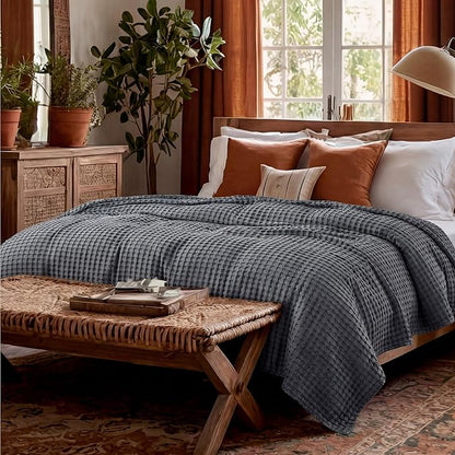 Bedsure Cooling Cotton Waffle Full Size Blanket - Lightweight Breathable Blanket of Rayon Derived from Bamboo for Hot Sleepers, Luxury Throws for Bed, Couch and Sofa, Dark Grey, 80x90 Inches