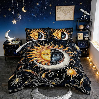 Sun and Moon Bedding Set Queen Size,Yellow Galaxy Celestial Bedding for Kids Boys Girls Teens Room Boho Decor,Black and Yellow Fluffy Comforter Sets with 2 Pillowcases.