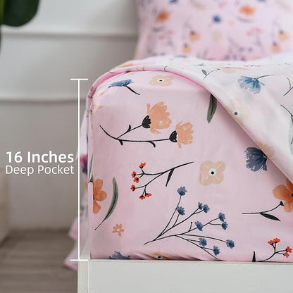 Pink Queen Sheets Set Flower Bed Sheets 4 Piece - Pink Botanical Patterned Sheets Microfiber Bedding Decor - Breathable & Durable Queen Sheet Set Up to16 Inches Deep Pocket Queen Bed Sheets