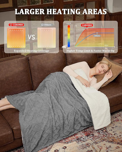 CAROMIO Heated Throw Blanket - Thick Tufted Sherpa Electric Blanket Throw with 10 Heating Levels and 10 Time Settings, ETL Certified Machine Washable Fast Heating Blanket Throw 50"×60", Grey