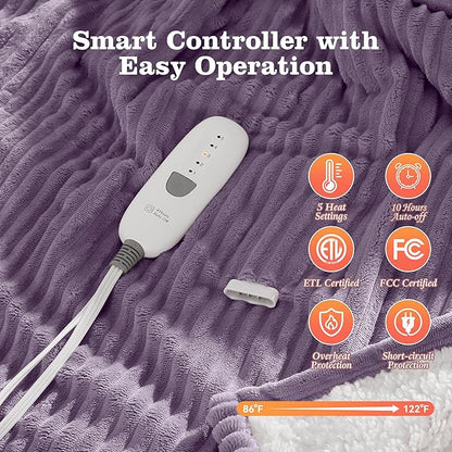 Electric Blanket Full Heating Blanket for Bed, Fluffy Sherpa Fleece Heated Blanket with Fast Heating and Overheat Protection, 5 Heating Levels & 10-Hour Auto-off, Cozy Warm Gifts for Winter (Purple)