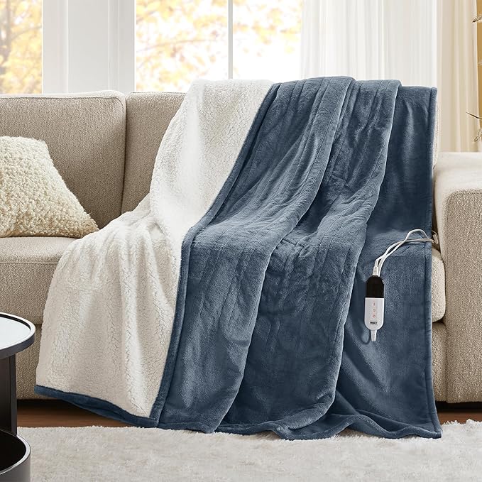 Degrees of Comfort Electric Blanket Twin Size - Soft Sherpa Flannel Heated Blankets - 6 Heat Settings, 10-Hour Auto Shut-Off, Overheat Protection, Etl Certified - 62x84'', Blue