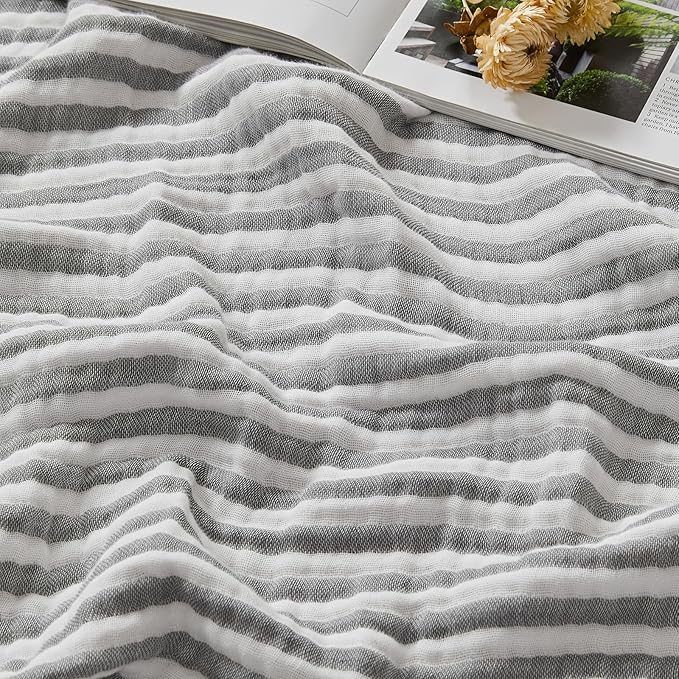 EMME Cotton Muslin Twin Blanket Breathable Gauze Soft Lightweight Adults Gifts for Women (Striped Grey, 60"x80")