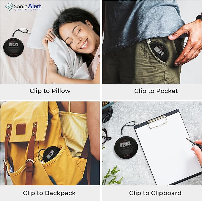 Sonic Alert Portable Loud Vibrating Alarm Clock, Black - SBP100B - Sonic Shaker Loud Vibrating Alarm Clock - Wake with a Shake