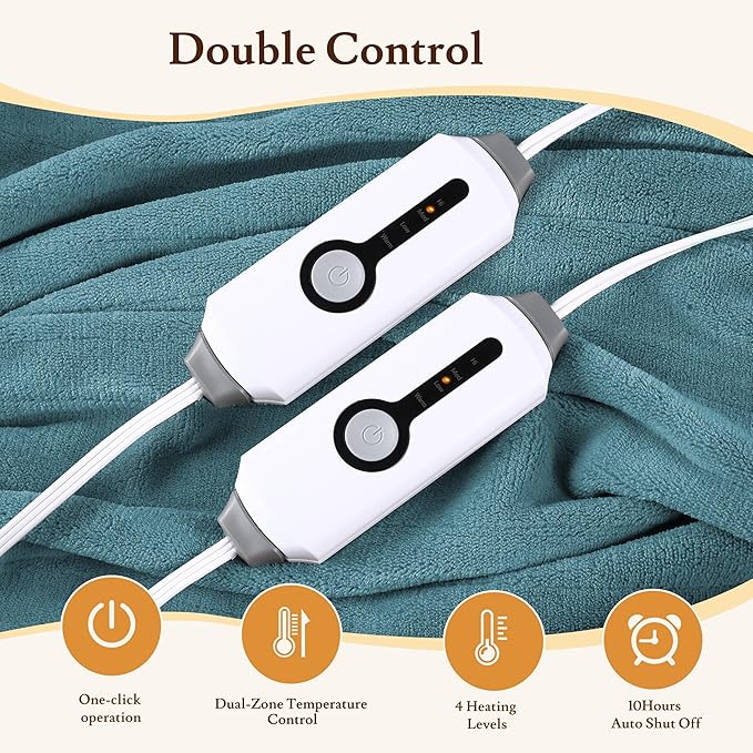 Electric Heated Blanket 84"x90" Queen Size - 4 Heat Settings & Dual Controllers, 10H Auto Shut Off, Ultra-Soft Coral Fleece Heated Blanket with Overheat Protection, Teal