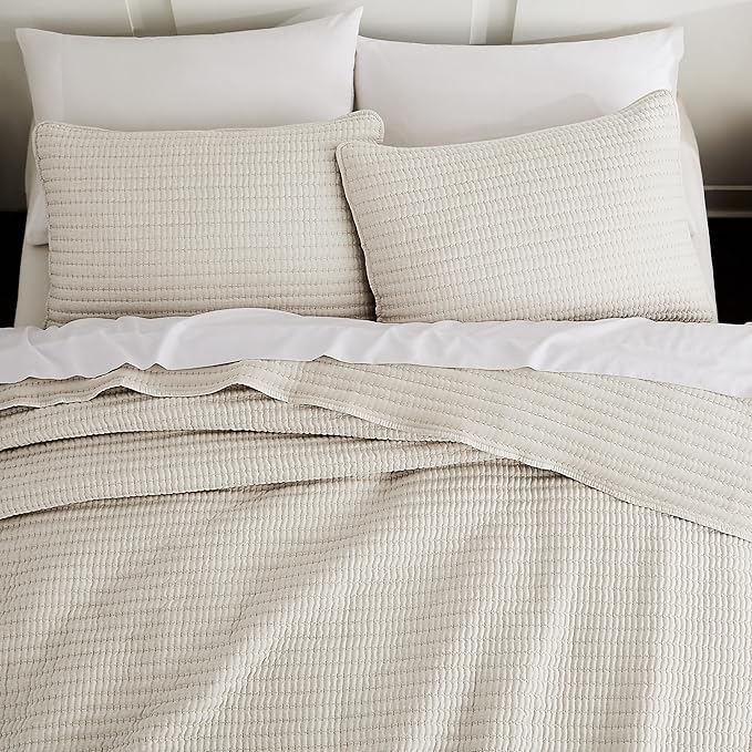 WDCOZY Beige Pick Stitch Queen Size Quilt Set, Striped Lightweight Soft Summer Spring Bedspread, Bamboo Linen Like Textured Coverlet, Chambray Farmhouse Country Rustic Bedding, Netural Thin Comforter