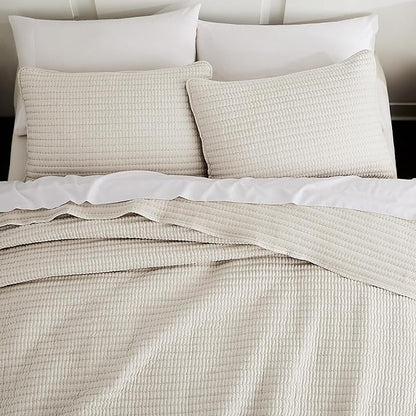 WDCOZY Beige Pick Stitch Queen Size Quilt Set, Striped Lightweight Soft Summer Spring Bedspread, Bamboo Linen Like Textured Coverlet, Chambray Farmhouse Country Rustic Bedding, Netural Thin Comforter