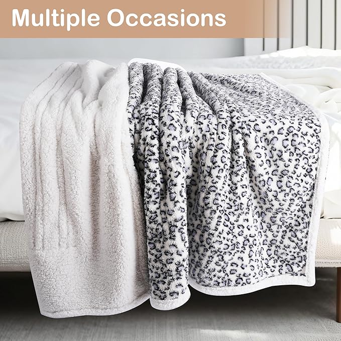Electric Heated Blanket Throw Size 50"×60" with 9 Heating Levels & 1-10 Hs auto Off, Heating Throw Double Sided Sherpa, Energy Efficient, Machine Washable, Leopard Print Blue & White