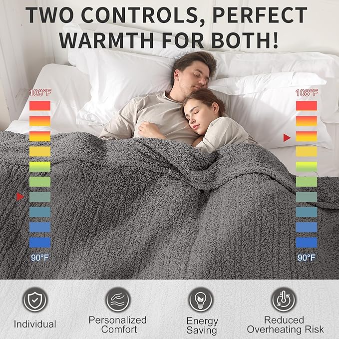 King Electric Blanket with Dual Controls 100"x90" - 5 Temperature Levels 10H Auto Off Oversized - Warm Bed Blanket for Large Beds, ETL Certified Safe | Dark Gray