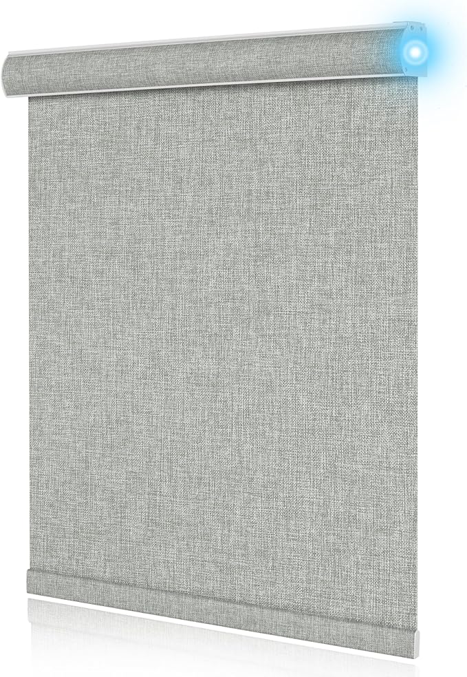 BERISSA Motorized Blinds with Remote,Blackout Smart Blinds for Windows,Linen Fabric,Remote Control,Customized Automatic Shades,Electric Shades with USB/Solar Pannel.Grey