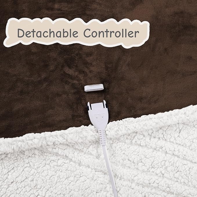 Electric Heated Blanket Throw Size 50"x60", Soft Flannel with Overheat Protection, 9 Adjustable Heat Settings & 10-Hour Auto-Off Timer, Fast Heating for Winter Comfort, Dark Brown