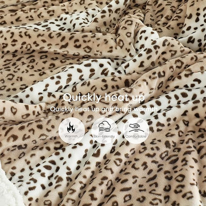 Electric Heated Blanket Queen Size 84"x90" - Dual-Sided with Microplush & Sherpa Fabric, 4 Heat Settings & 10 Hours Auto Off - Beige Leopard Print