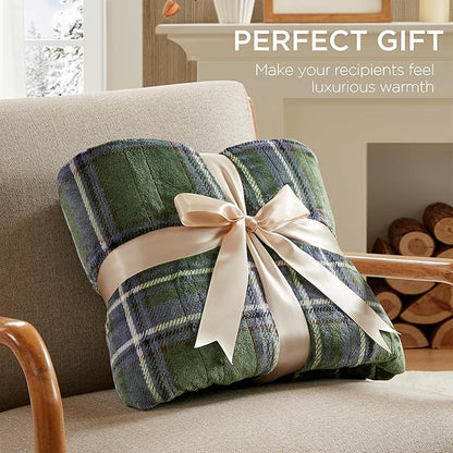Woolrich Heated Throw Blanket with Ultra Soft Plush and Sherpa Reverse, 12 Heat Settings, Auto Shut-Off, Farmhouse & English Country Gift Throw – Green Plaid Pattern, 50"x60"
