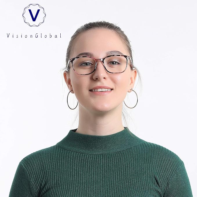 VisionGlobal 2 Pack Blue Light Blocking Glasses for Women/Men, Anti Eyestrain, Computer Reading, TV Glasses, Stylish Square Frame, Anti Glare (Pink+Leopard)