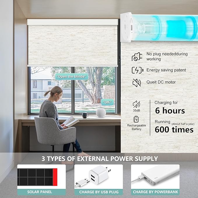 Aprilsmart Motorized Blinds with Remote,100% Blackout Smart Blinds Compatible with Apple HomeKit Alexa Google Home- Voice and app Control,Motorized Roller Shades Custom Size (Linen White-02)