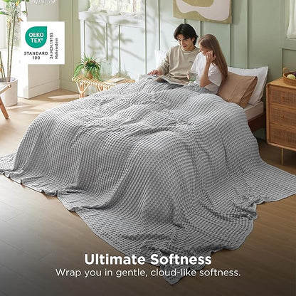Bedsure Cooling Cotton Waffle Oversized King Blanket - Lightweight Breathable Blankets Rayon Derived from Bamboo for Hot Sleepers, Luxury Throws for Bed and Sofa, Grey, 120x96 Inches