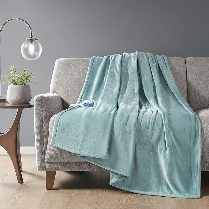 Beautyrest Heated Electric Blanket for Cold Weather, Fast Heating Heated Blanket, Auto Shut Off, Virtually Zero EMF, Multi Heat Setting, UL Certified, Aqua Throw (60 inx70 in)