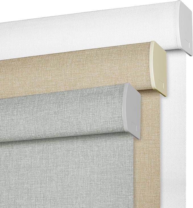 BERISSA Cordless Blackout Roller Shades for Windows,Free-Stop Linen Fabric Windows Blinds with Cassette Valance,Thermal Insulated UV Protection Roller Blinds for Home Office. Grey.25 W x 48" H