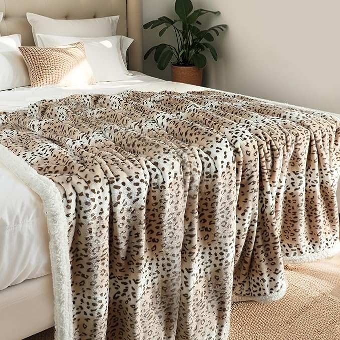 Electric Heated Blanket Queen Size 84"x90" - Microplush & Sherpa Fabric Dual-Sided, 9 Heat Settings & 10 Hours Auto Off, Cozy Warming Throw for Office or Bed, Machine Washable, Beige Leopard Print