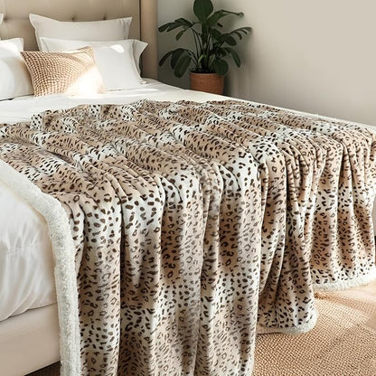Electric Heated Blanket Queen Size 84"x90" - Microplush & Sherpa Fabric Dual-Sided, 9 Heat Settings & 10 Hours Auto Off, Cozy Warming Throw for Office or Bed, Machine Washable, Beige Leopard Print