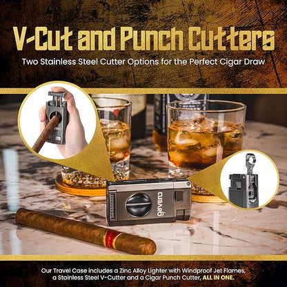 Cigar Humidor Case, Leather Cedar Wood Cigar Box with Built in Hygrometer and Humidifier, 3 in 1 Cigar Torch Lighter, V Cut and Punch Cutter, Portable Cigar Travel Humidor Kit for Men (Brown)
