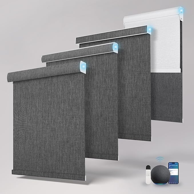 Motorized Blinds with Remote,Blackout Smart Roller Shades with App,Voice Control,Linen Fabric,Thermal Insulated Automatic Blinds,Electric Shades with USB/Solar Pannel.Double-Sided Black