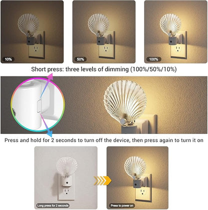 JandCase Night Light, Night Lights Plug into Wall, Dusk to Dawn Sensor Seashell Nightlights, 3000K Soft White Brightness Adjustable Nightlight for Kids Bedroom Hallway Kitchen