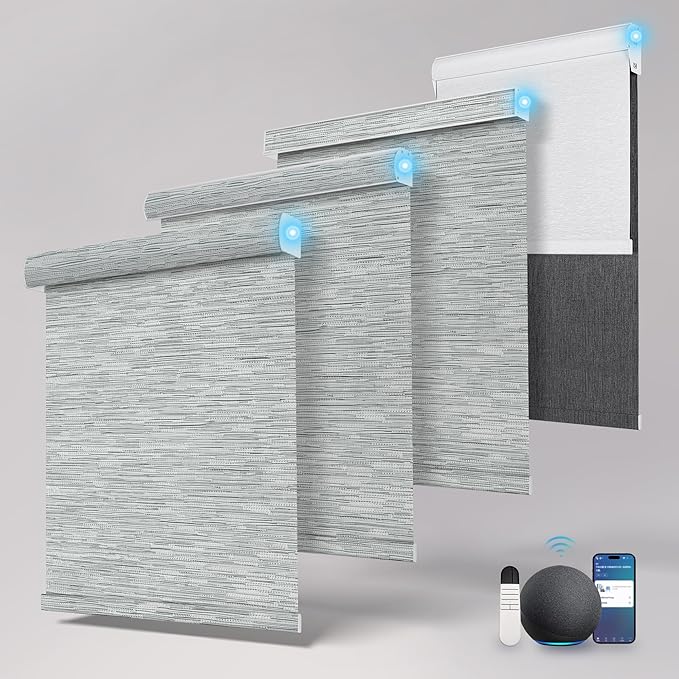 Motorized Blinds with Remote,Light Filtering Smart Roller Shades with App,Voice Control,Thermal Insulated Automatic Blinds,Electric Shades with USB/Solar Pannel.Filter Jacquard Grey