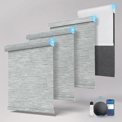 Motorized Blinds with Remote,Light Filtering Smart Roller Shades with App,Voice Control,Thermal Insulated Automatic Blinds,Electric Shades with USB/Solar Pannel.Filter Jacquard Grey